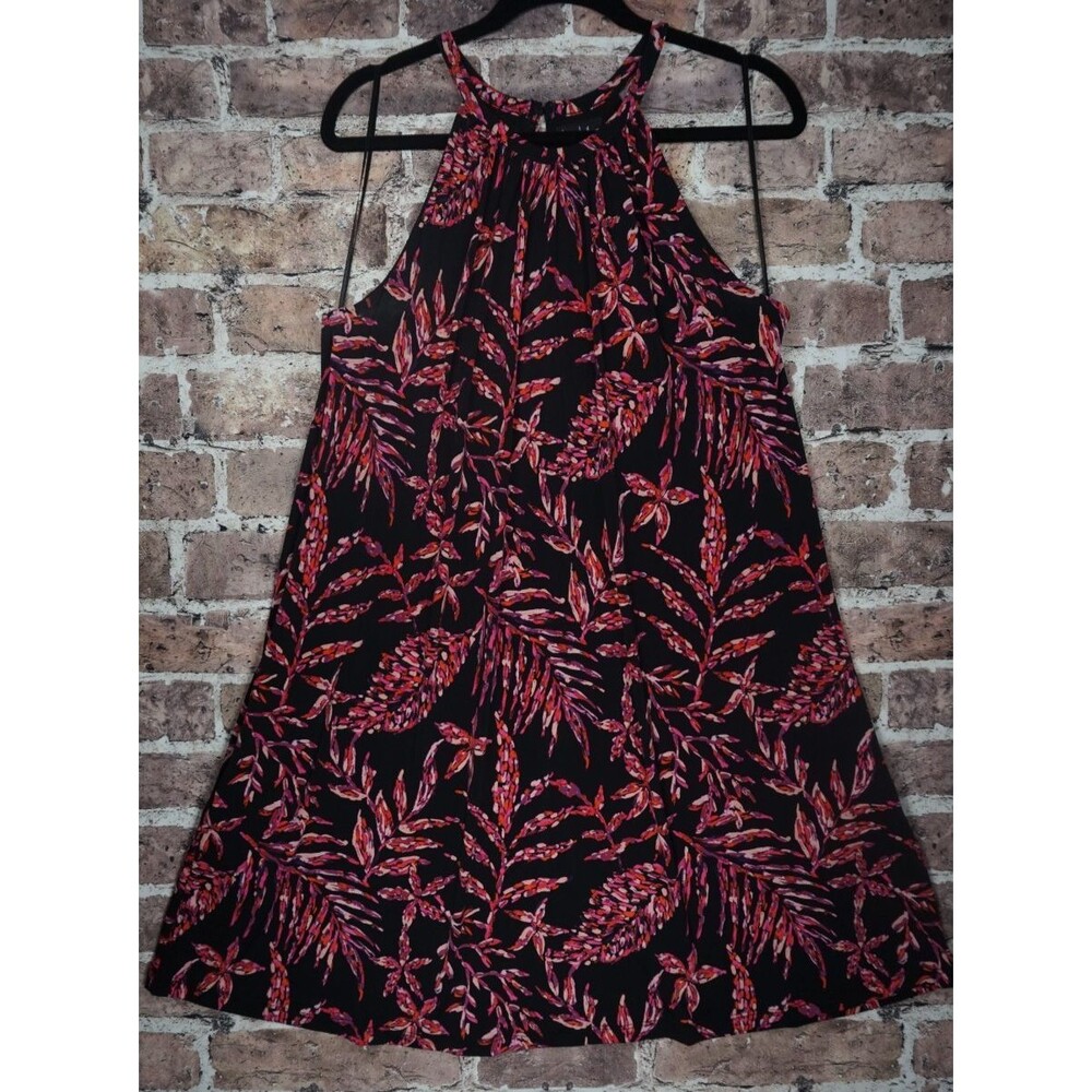 Nicole Miller NY Halter Dress Women L Black Floral Trapeze Swing Wedding Guest